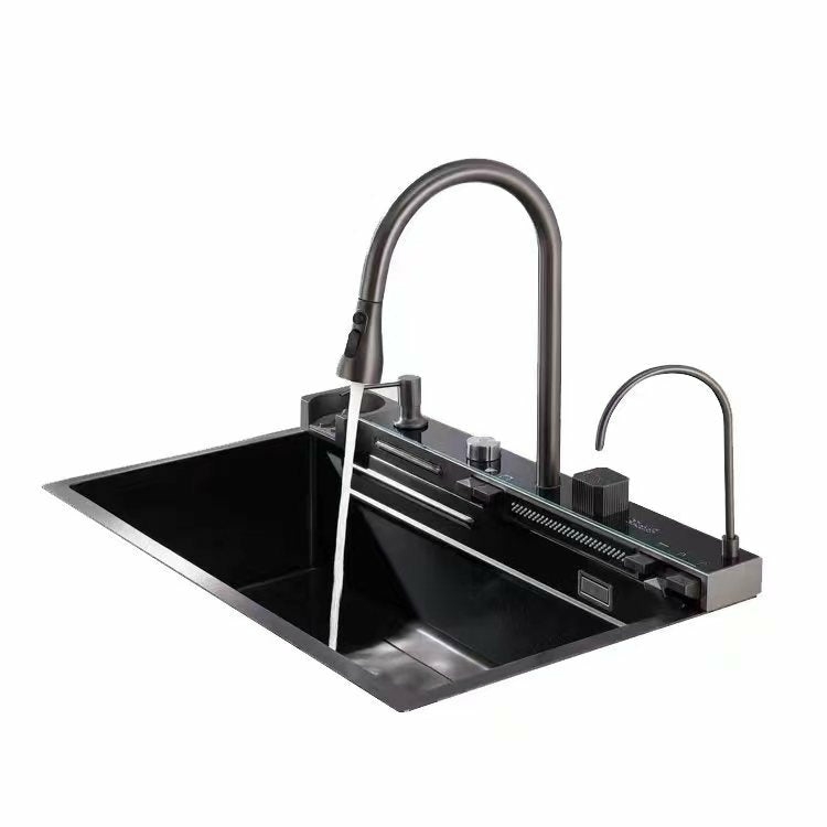 304 Stainless Steel Waterfall Kitchen Sink With Glass Rinser Fixtures