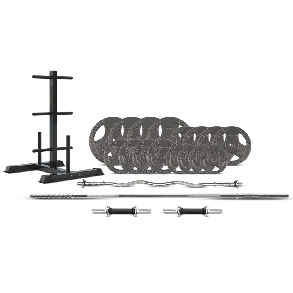 90Kg Cast Iron Barbell Weight Set With Tree & Bars Barbells