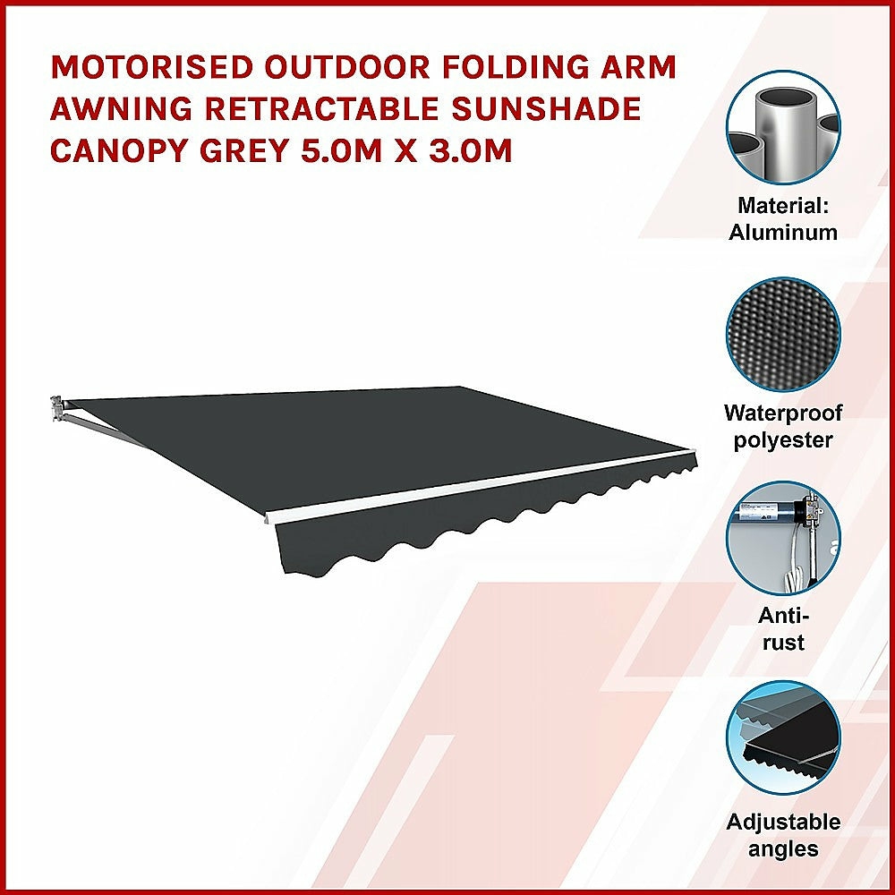 Motorised Uv-Resistant Awning 5.0 X 3.0M Polyester Grey Awnings