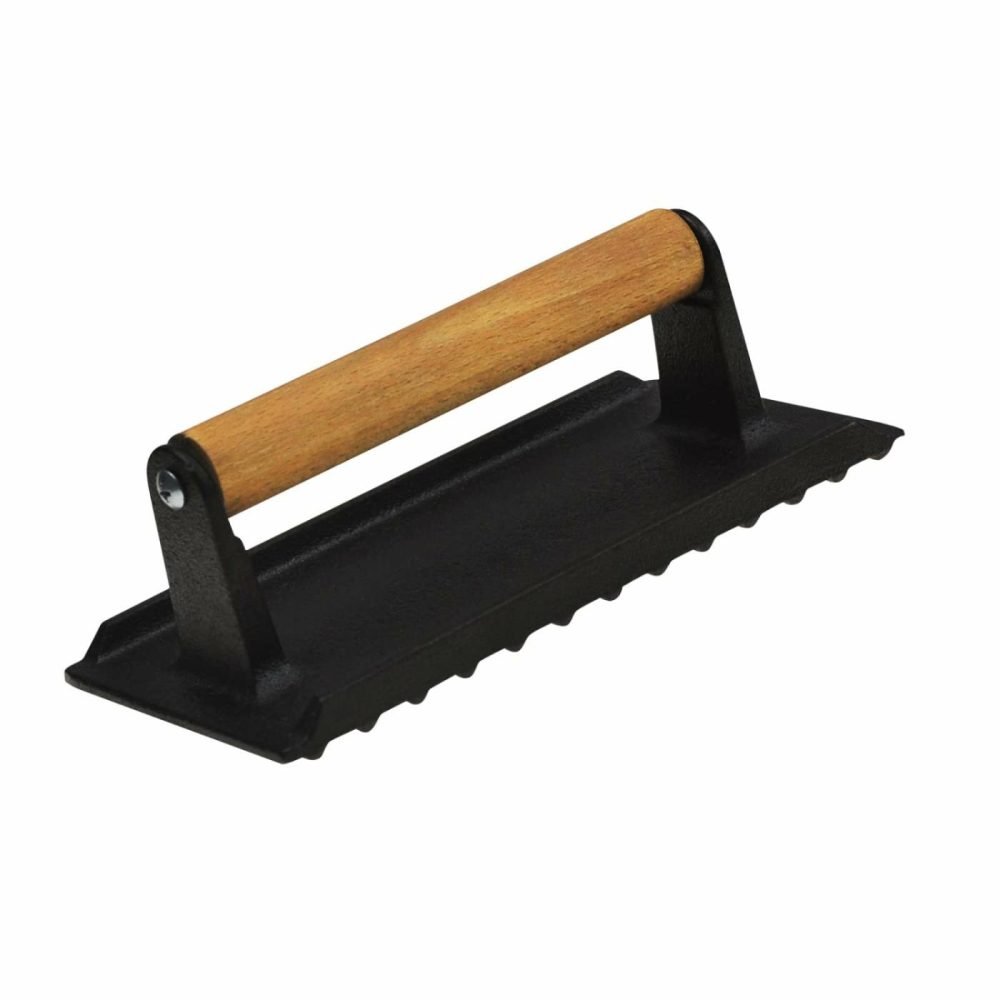 Pre-Seasoned Cast Iron Grill Press With Wooden Handle BBQs