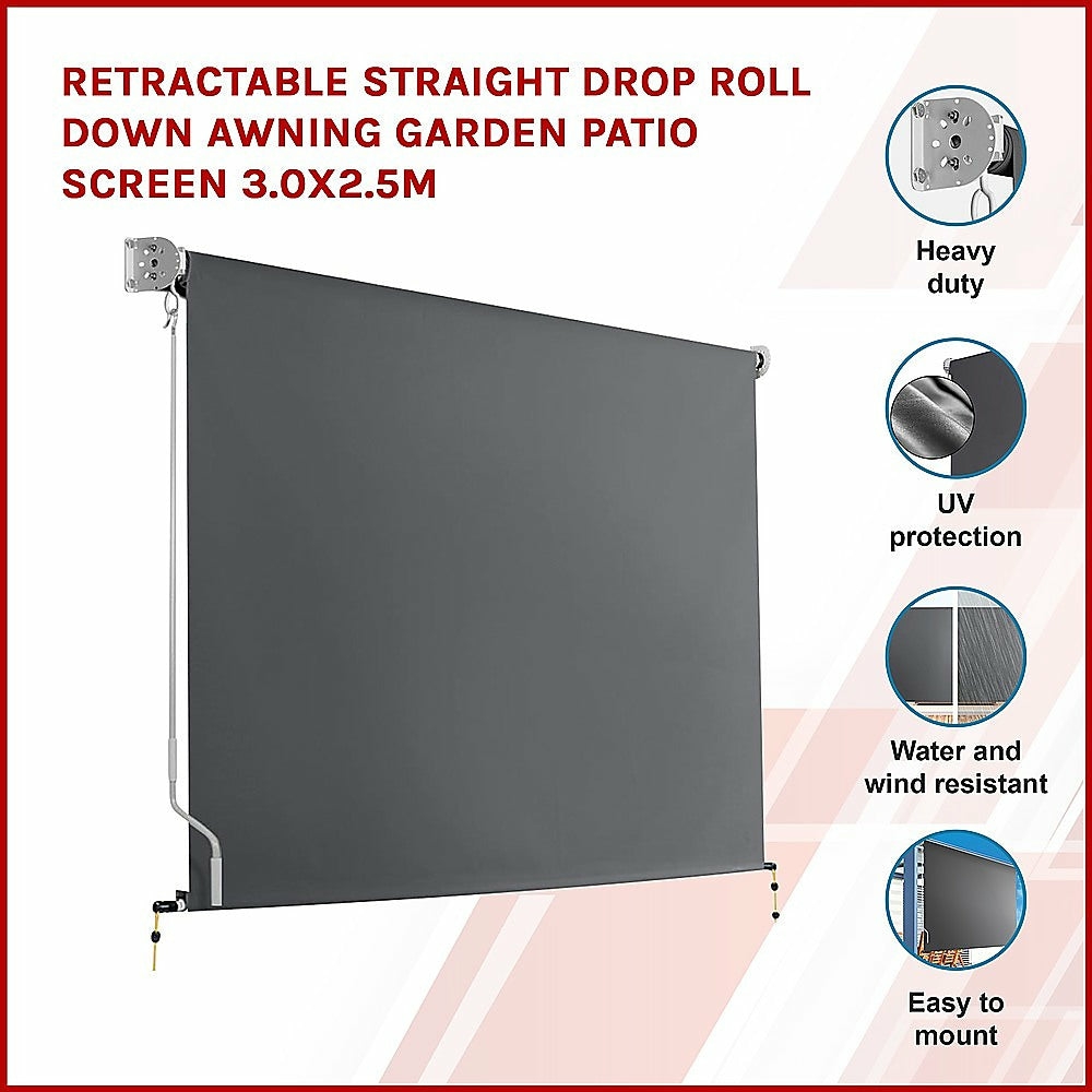 Retractable Uv-Resistant Grey Patio Awning 3.0X2.5M Awnings